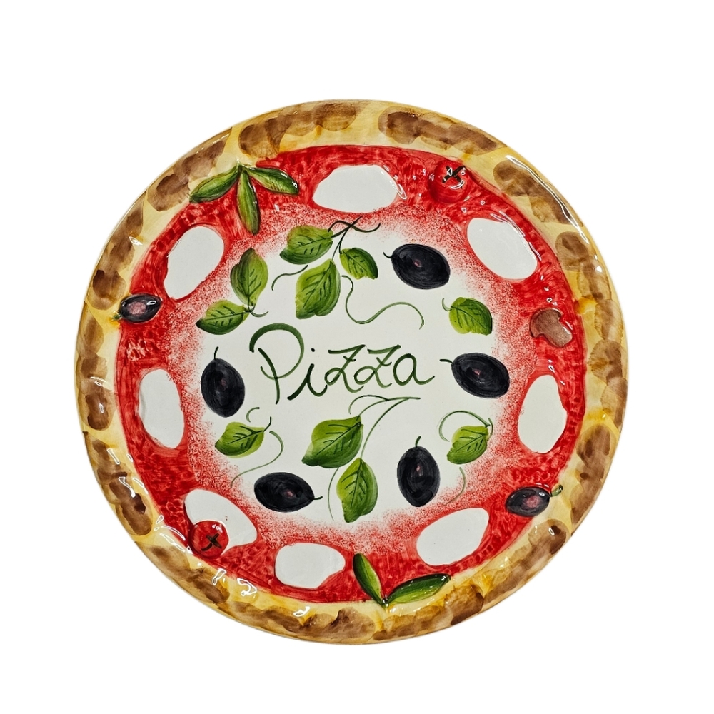 Olive Pizza Plate Hand Painted Italian 13.5” Ceramic Serving Platter Bruschetta